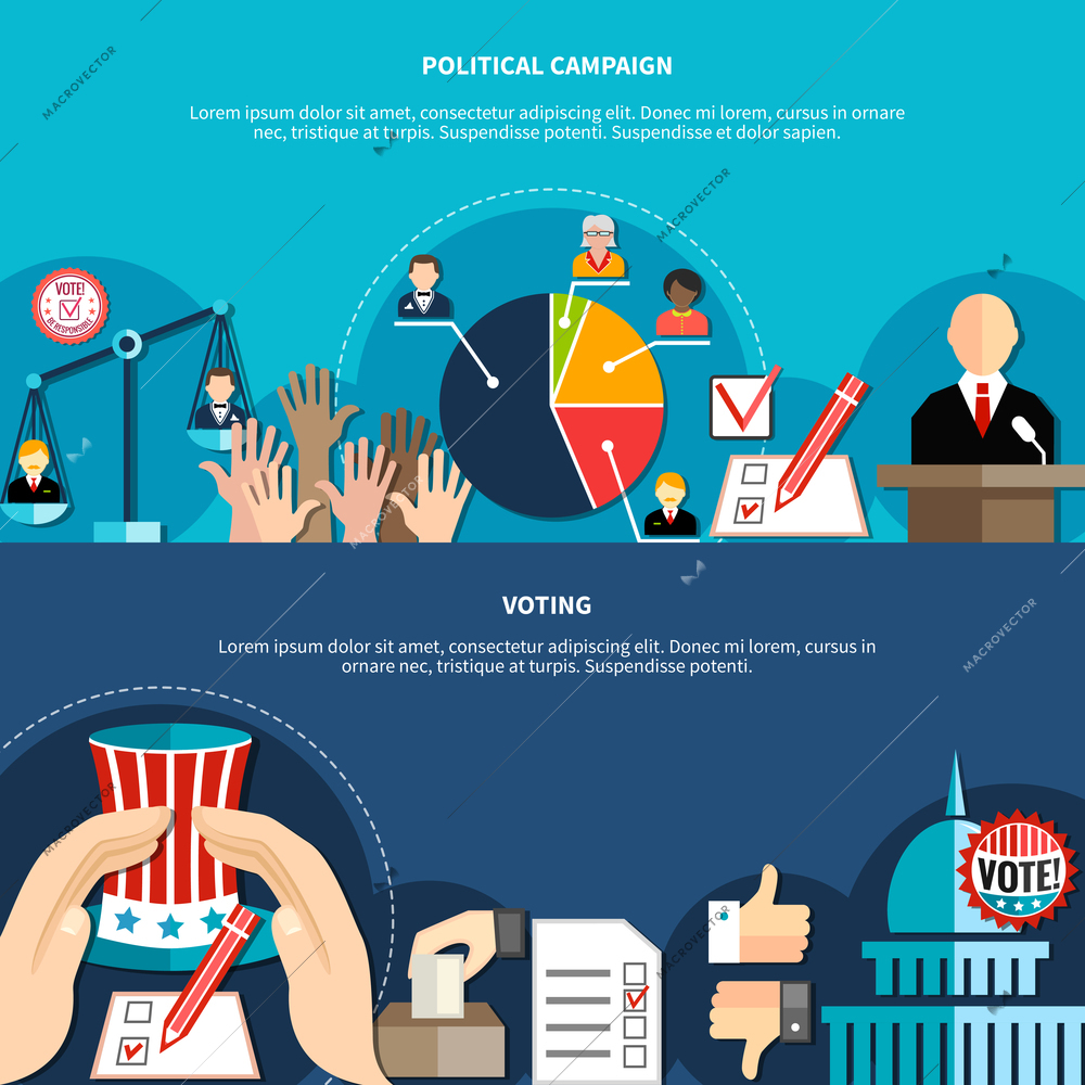 Government elections concept horizontal banner set with votes counting diagram flat vector illustration