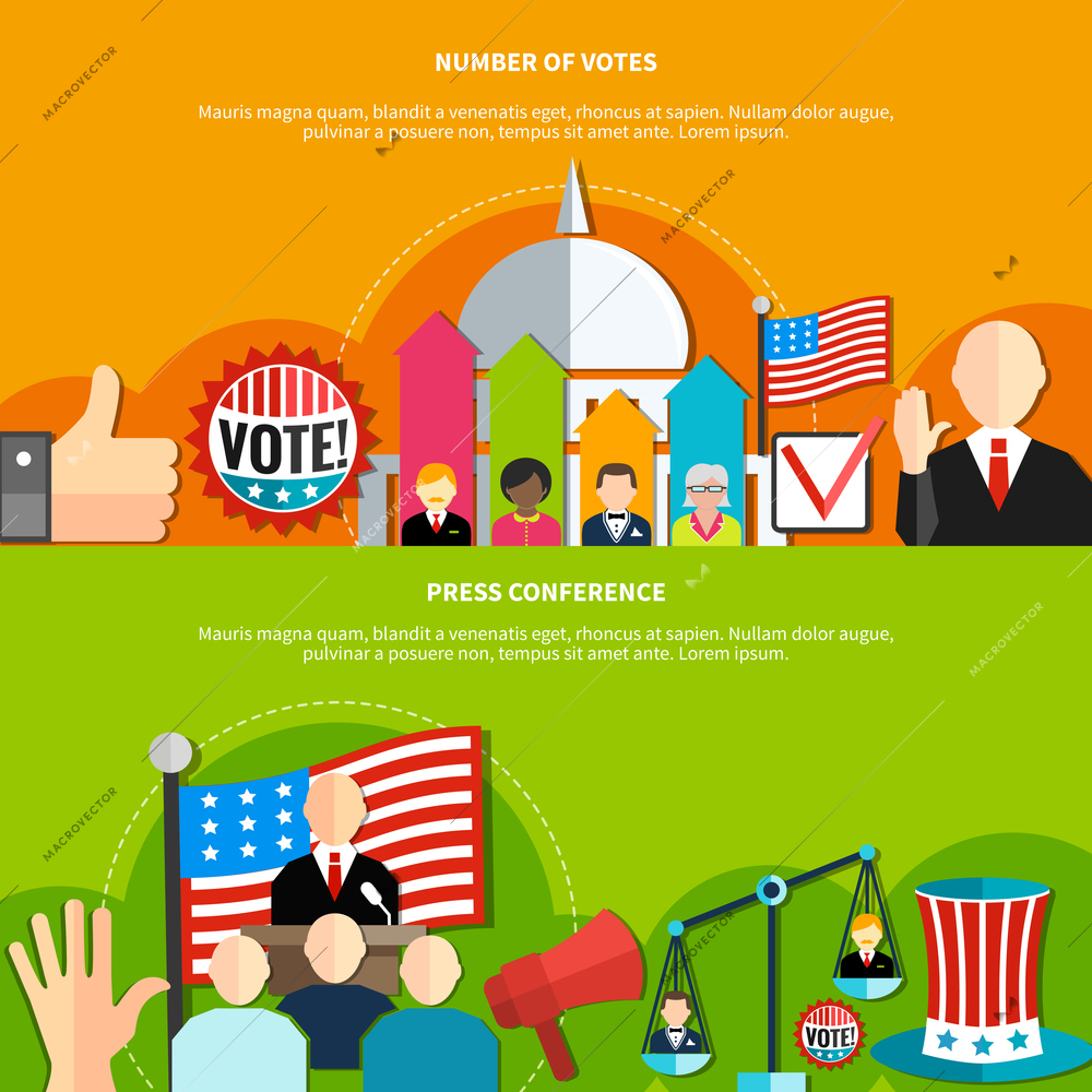 Election conference horizontal banner flat set with votes counting elements vector illustration