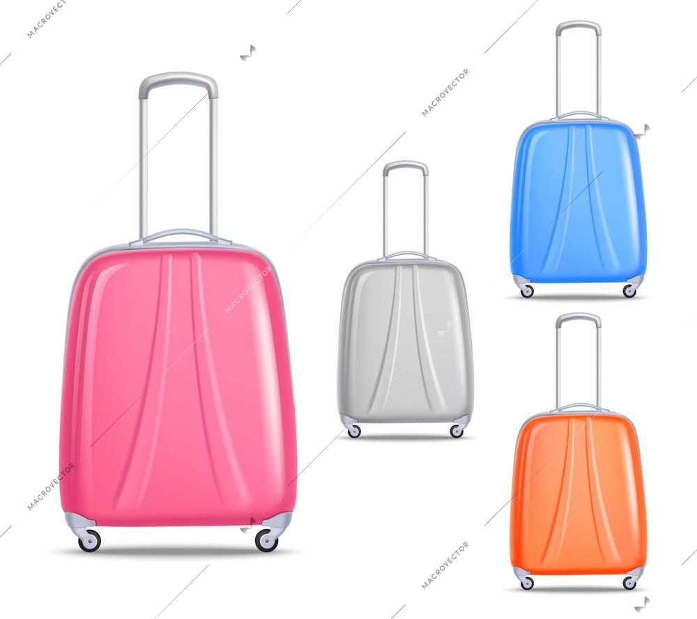 Modern convenient light weight travel luggage colorful plastic trolleys set for business and vacation trips isolated vector illustration