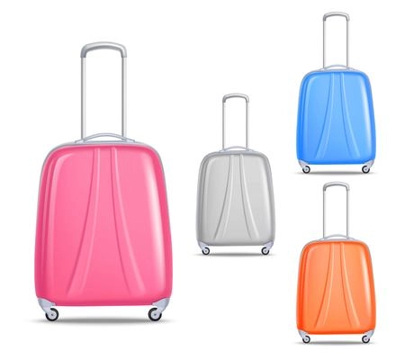 Modern convenient light weight travel luggage colorful plastic trolleys set for business and vacation trips isolated vector illustration