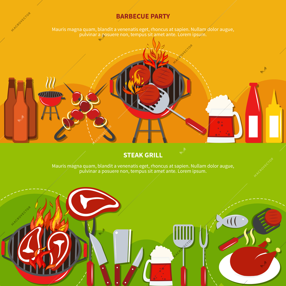 Steak grill on barbecue party with food and drinks on two horizontal banners vector illustration