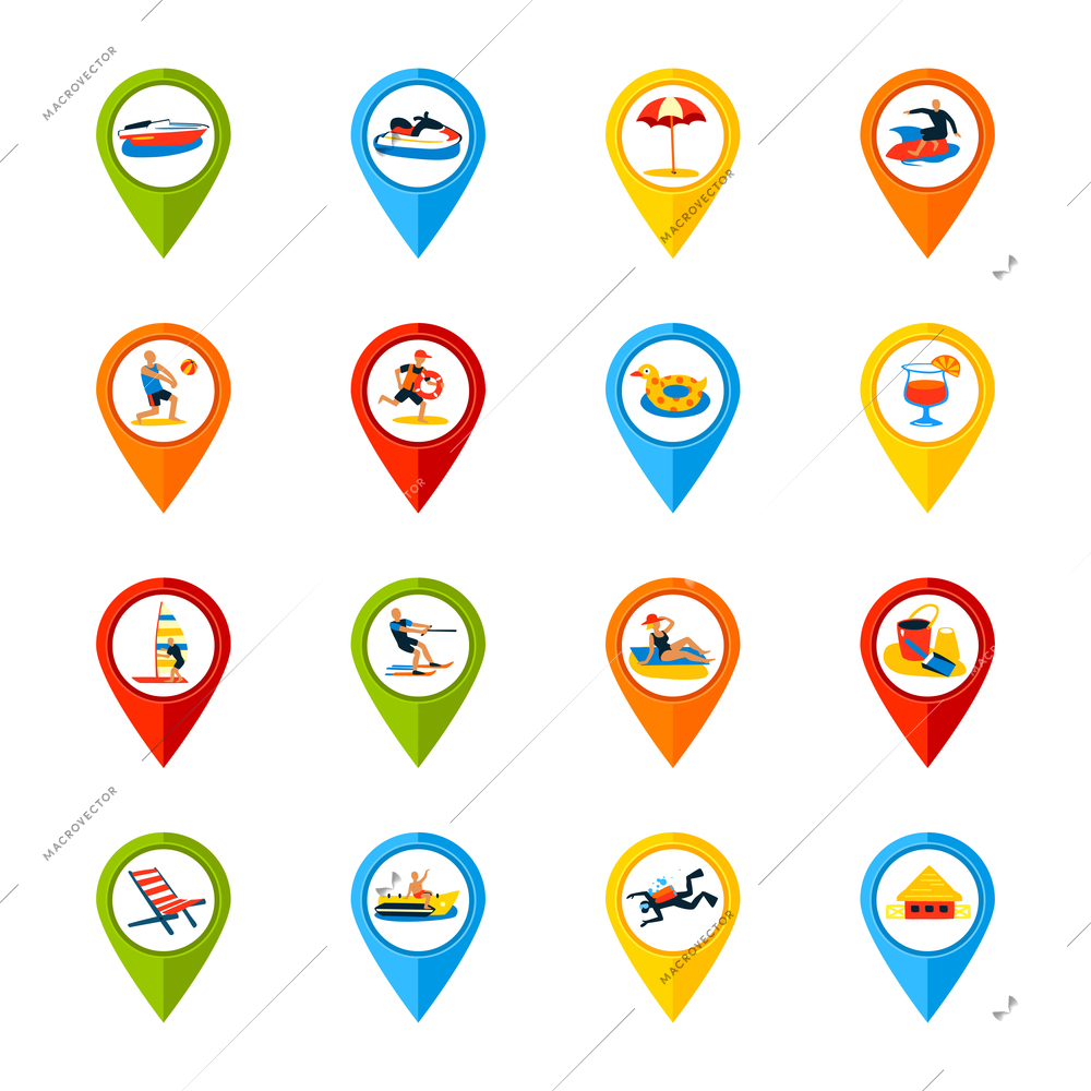 Various summer vacation locations marks signs colorful icons collection with surfing refreshments and beach accessories isolated vector illustration