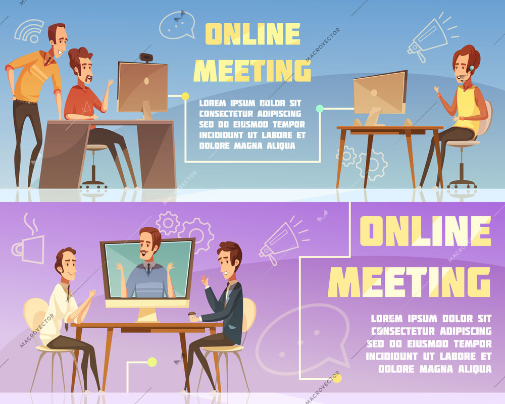 Online meeting horizontal banners set with business and work symbols cartoon isolated vector illustration