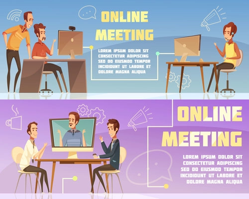 Online meeting horizontal banners set with business and work symbols cartoon isolated vector illustration