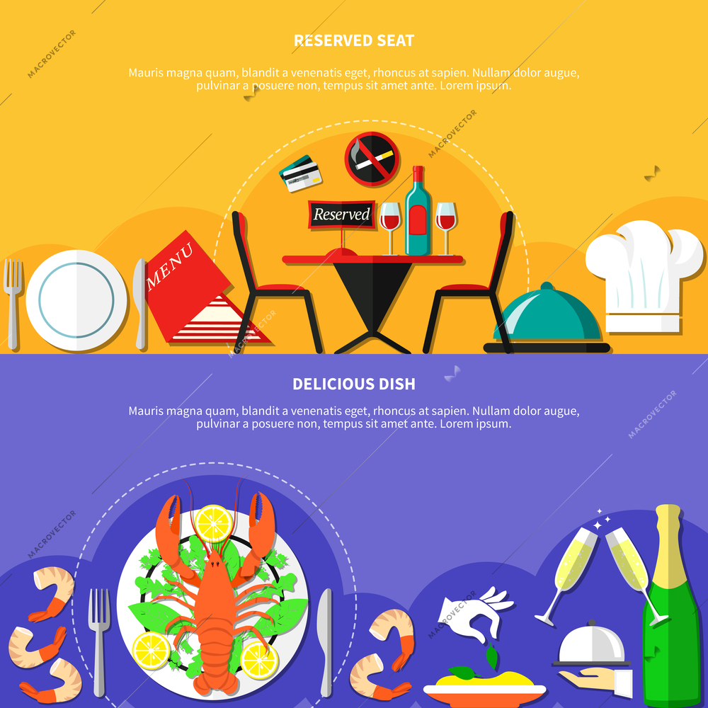 Two horizontal banners set with flat restaurant icons food drinks dish elements signs and text captions vector illustration