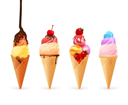 Ice cream cone set with four realistic colorful icecream wafers of different taste with berry toppings vector illustration