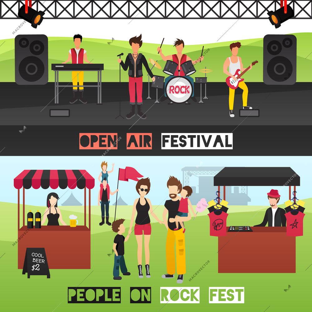 Open air festival horizontal banners set with musicians on performance venue drinks souvenir stall and visitors vector illustration