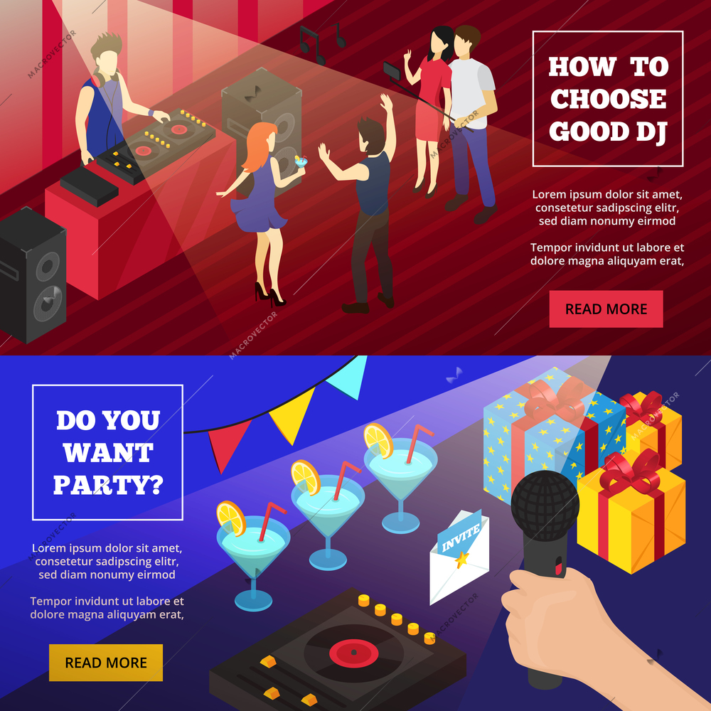 Party isometric banners with crowded dancefloor disc jockey cocktails and gift boxes with read more button vector illustration