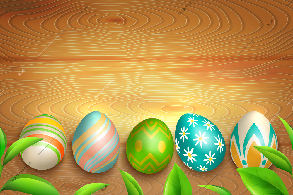 Colorful easter eggs with floral and striped ornaments and green leaves on light wooden background vector illustration