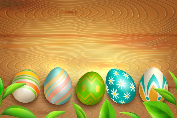 Colorful easter eggs with floral and striped ornaments and green leaves on light wooden background vector illustration