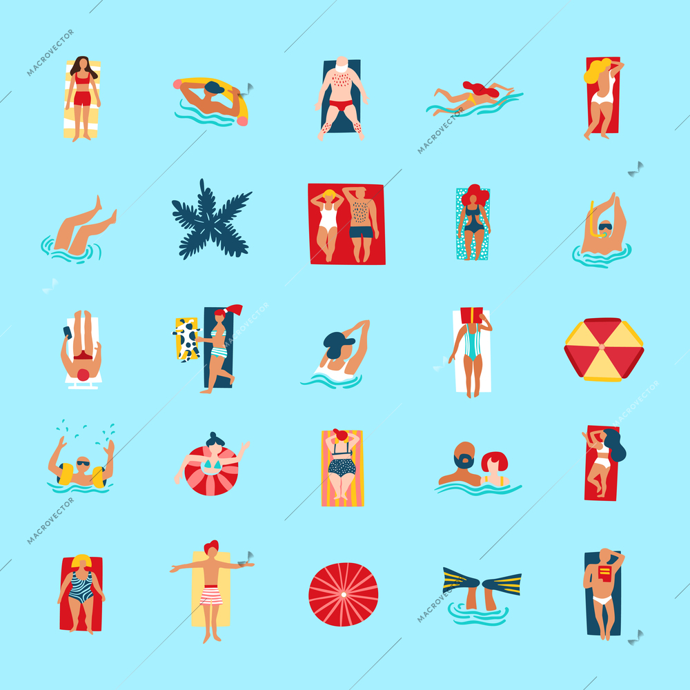 People swimming diving bathing tanning reading and checking smartphone on beach funny flat icons collection  vector illustration