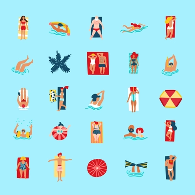 People swimming diving bathing tanning reading and checking smartphone on beach funny flat icons collection  vector illustration