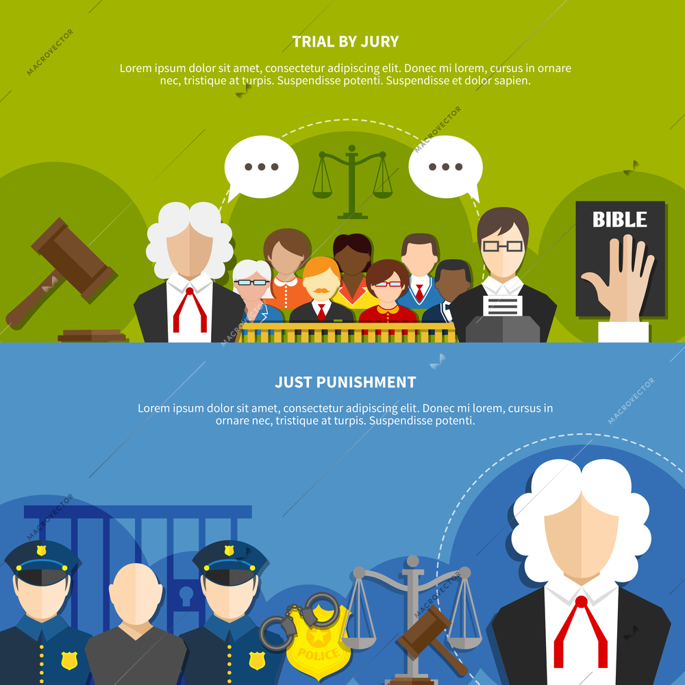 Two horizontal flat law banner set with trial by jury and just punishment headline vector illustration