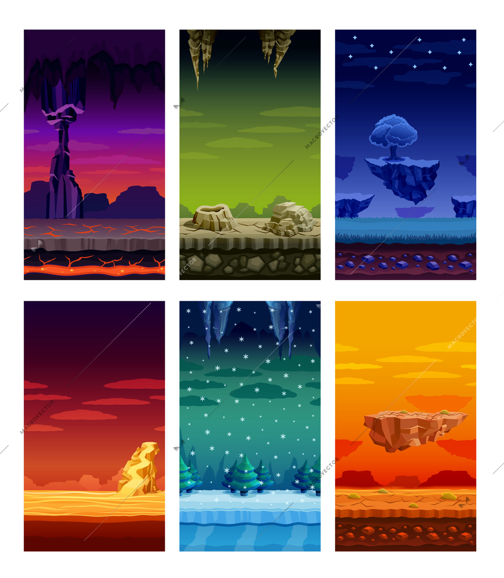 Electronic computer video games 6 beautiful screen display fantastic landscapes elements set colorful cartoon isolated vector illustration