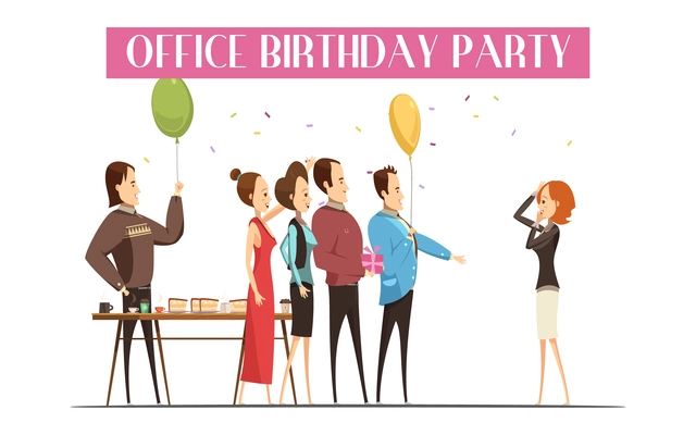 Birthday party in office with joyful people cake and drink gift and festive decorations vector illustration