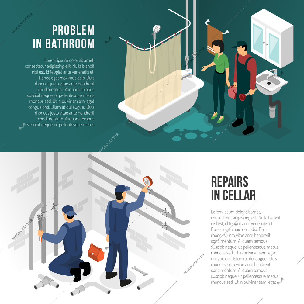 Plumber isometric banners set with sanitary technician characters with plumbing fixtures in cellar and bathroom interior vector illustration