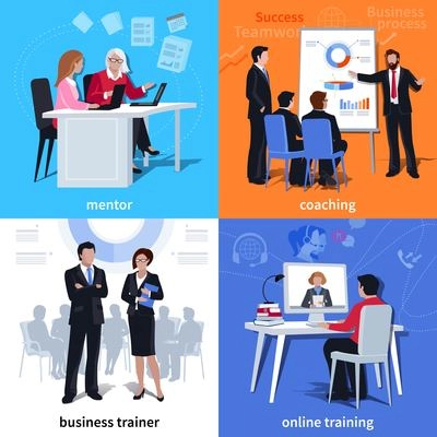 Flat compositions with mentor and student coaching business trainer and online learning isolated vector illustration