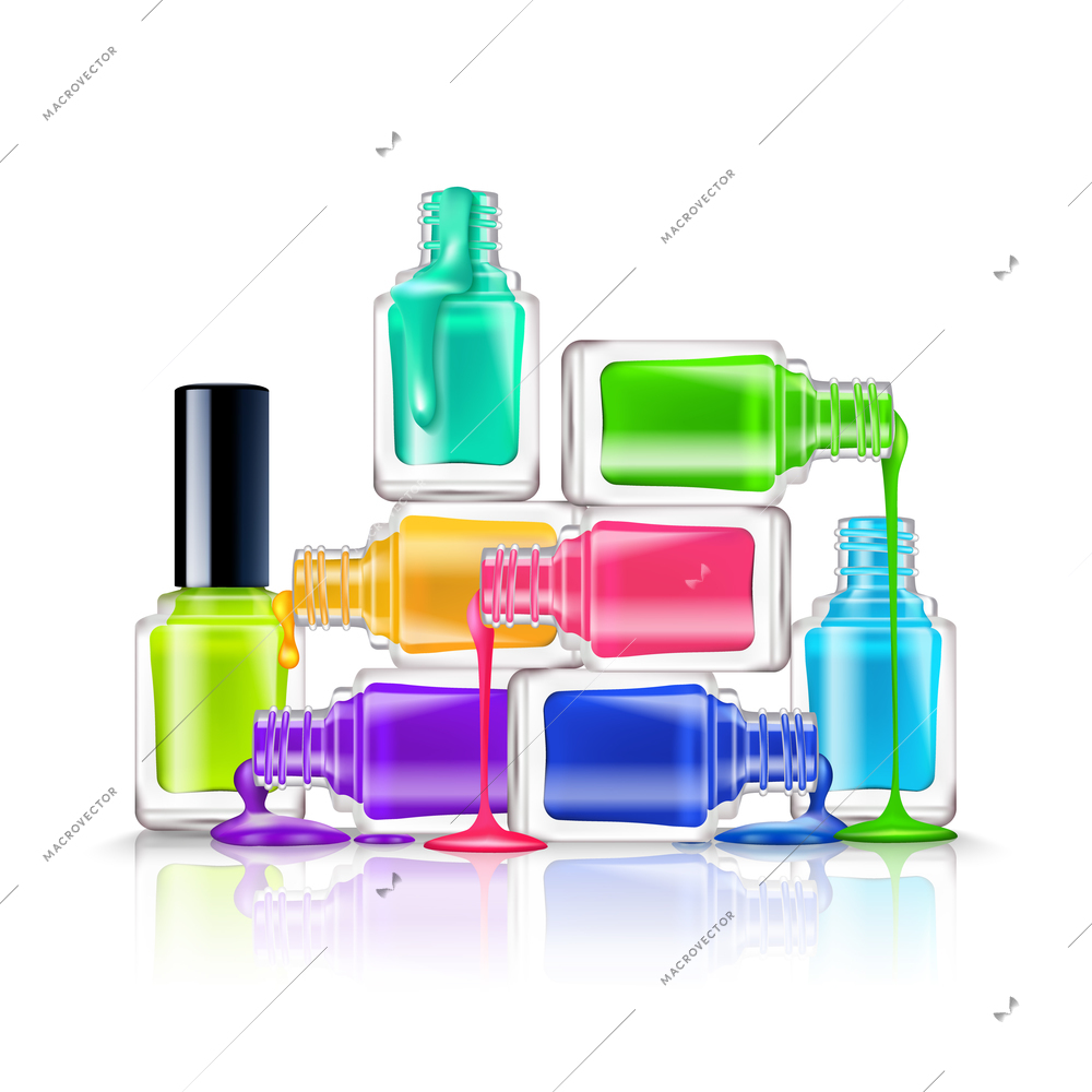 Realistic composition of colorful flourescent nail polishes on white background vector illustration