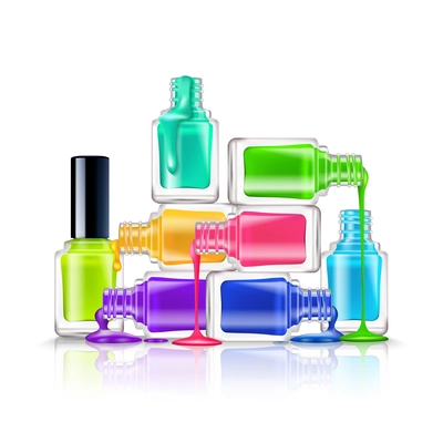 Realistic composition of colorful flourescent nail polishes on white background vector illustration