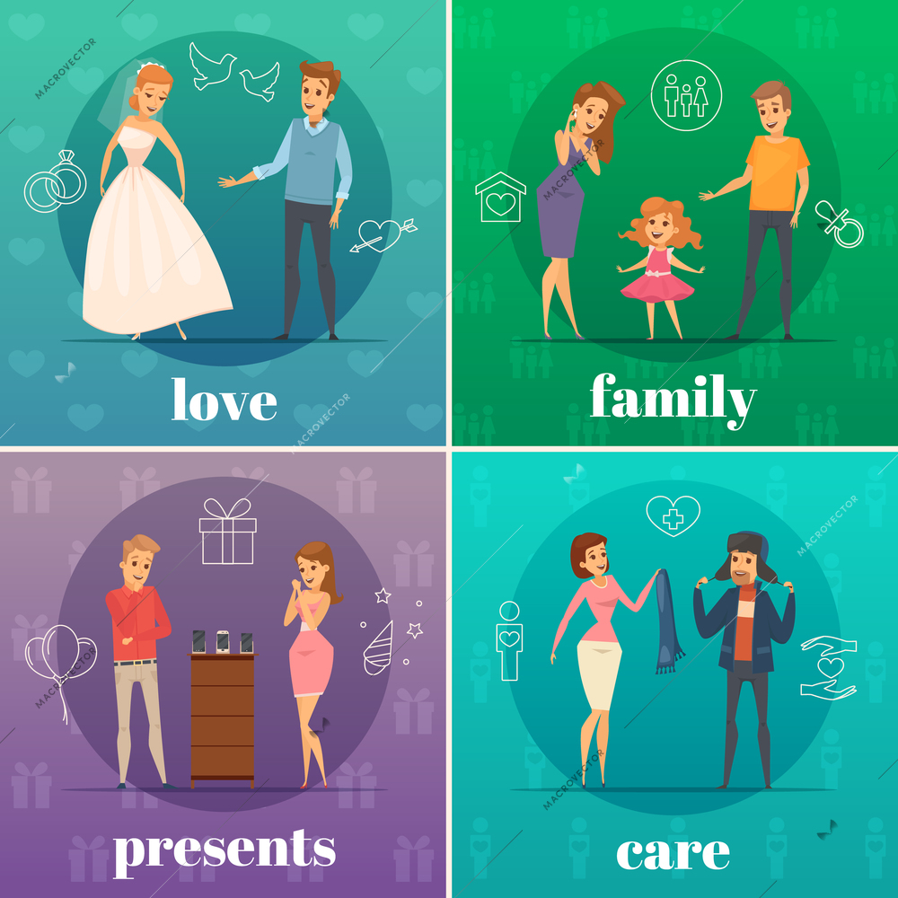 Four square flat trying shop flat people concept with love family presents and care descriptions vector illustration