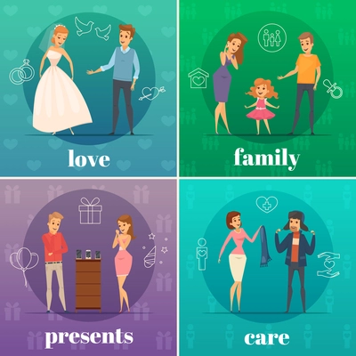 Four square flat trying shop flat people concept with love family presents and care descriptions vector illustration