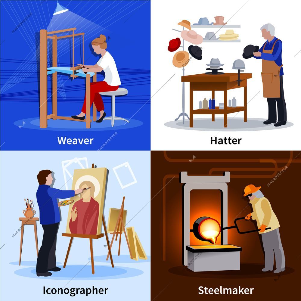 Contemporary craftspeople at work 4 flat icons square composition with weaver hatter and steelmaker isolated vector illustration