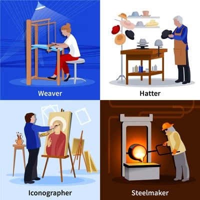 Contemporary craftspeople at work 4 flat icons square composition with weaver hatter and steelmaker isolated vector illustration