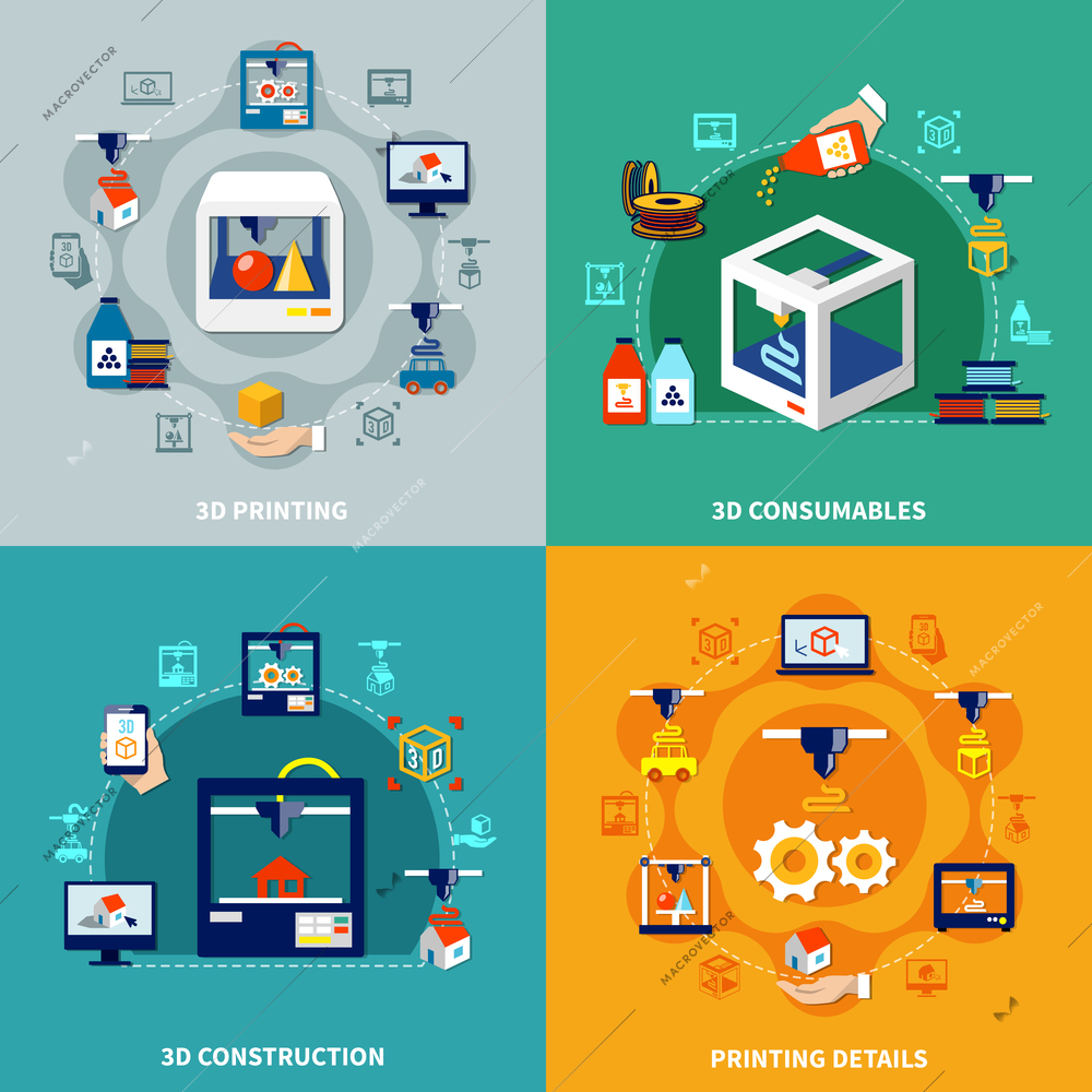 Volumetric printing 2x2 design concept with printing details consumables and 3d construction flat compositions vector illustration