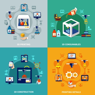 Volumetric printing 2x2 design concept with printing details consumables and 3d construction flat compositions vector illustration