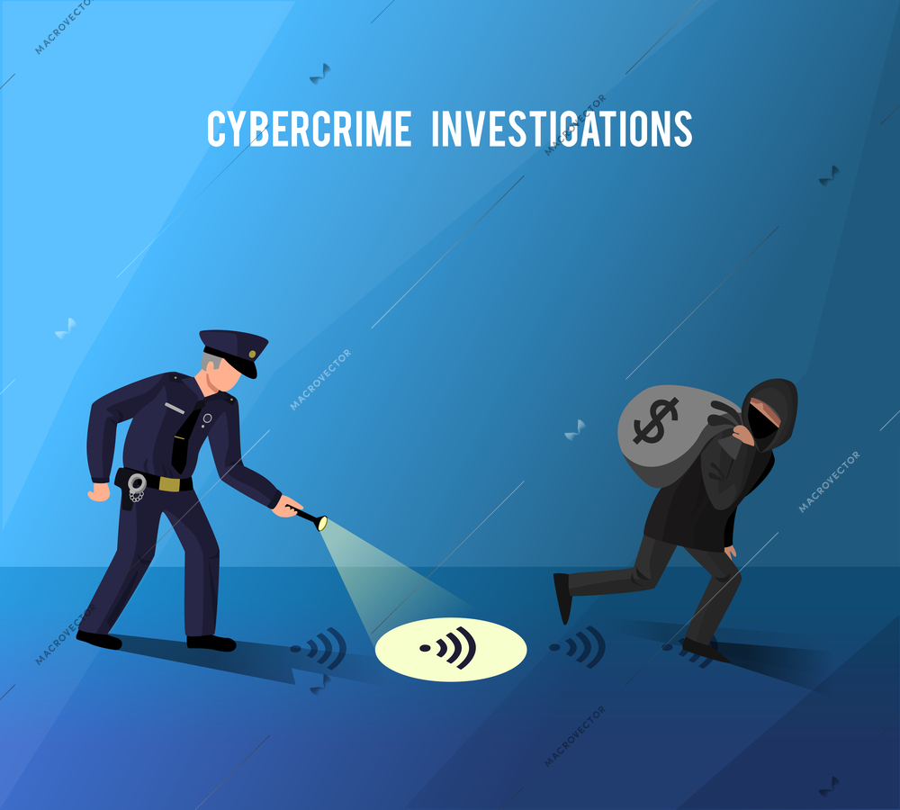 Computer internet hightech crime investigation cyber attacks and misuse of data prevention flat dark blue poster vector illustration