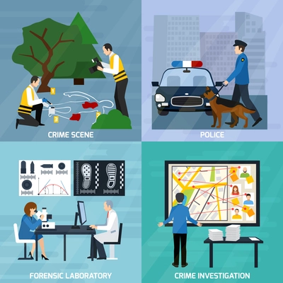 Crime investigation flat design concept with experts at murder scene forensic laboratory and police isolated vector illustration