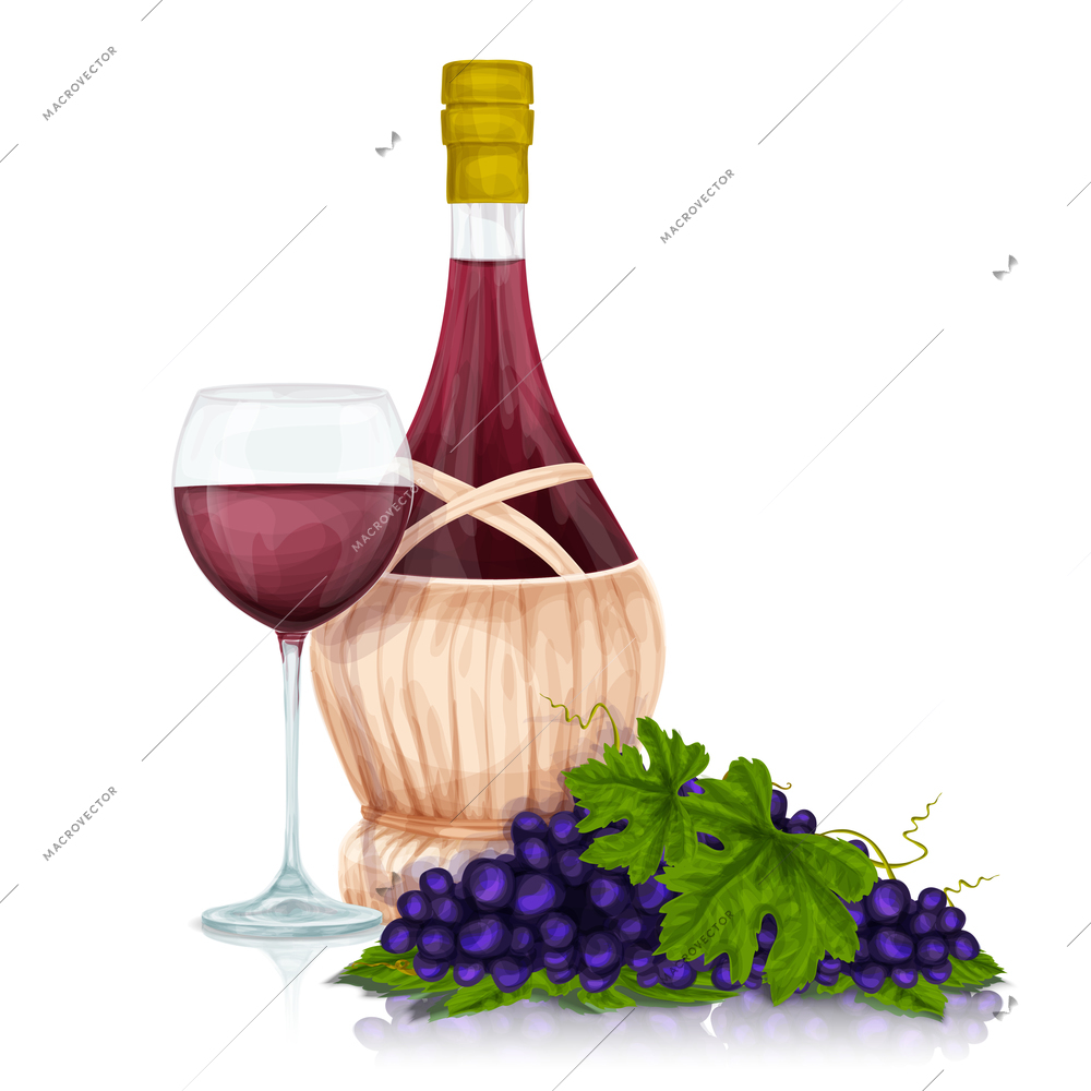 Red wine jar glass and grape bunch with leaves print vector illustration