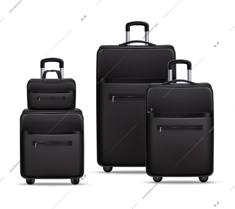 Business travel black realistic trolley with handbag and laptop bag baggage items set 3d shadow vector illustration