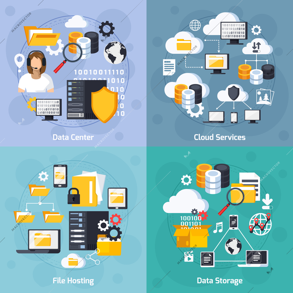 Hosting services concept icons set with data storage symbols flat isolated vector illustration