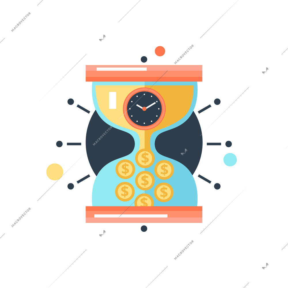 Time is money conceptual metaphor hourglass with clockcnverting trickling sand in coins  abstract ector illustration