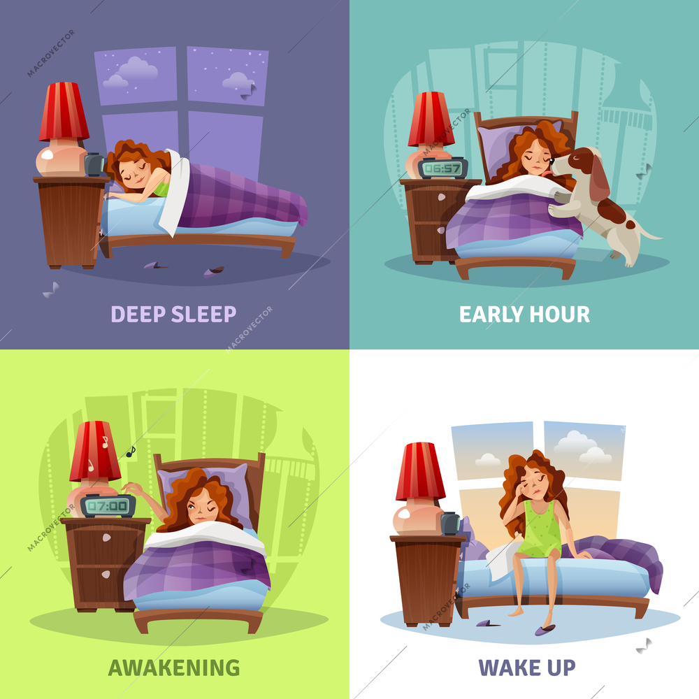Morning awakening 2x2 design concept with cartoon compositions with young girl from deep sleep to wake up flat vector illustration