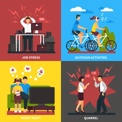 Stress and relaxation flat design concept with job tension quarrel outdoor activities and movie isolated vector illustration