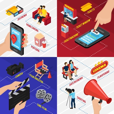 Cinema 3d isometric design concept with smartphone location and ticketing apps seats reel and filming equipment vector illustration