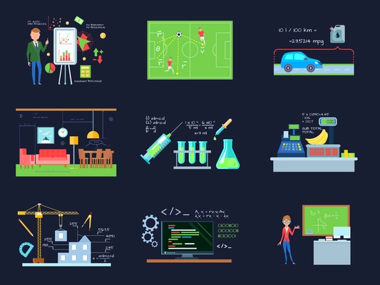 Set of isolated cartoon compositions with mathematics in education and industry flat images on dark background vector illustration