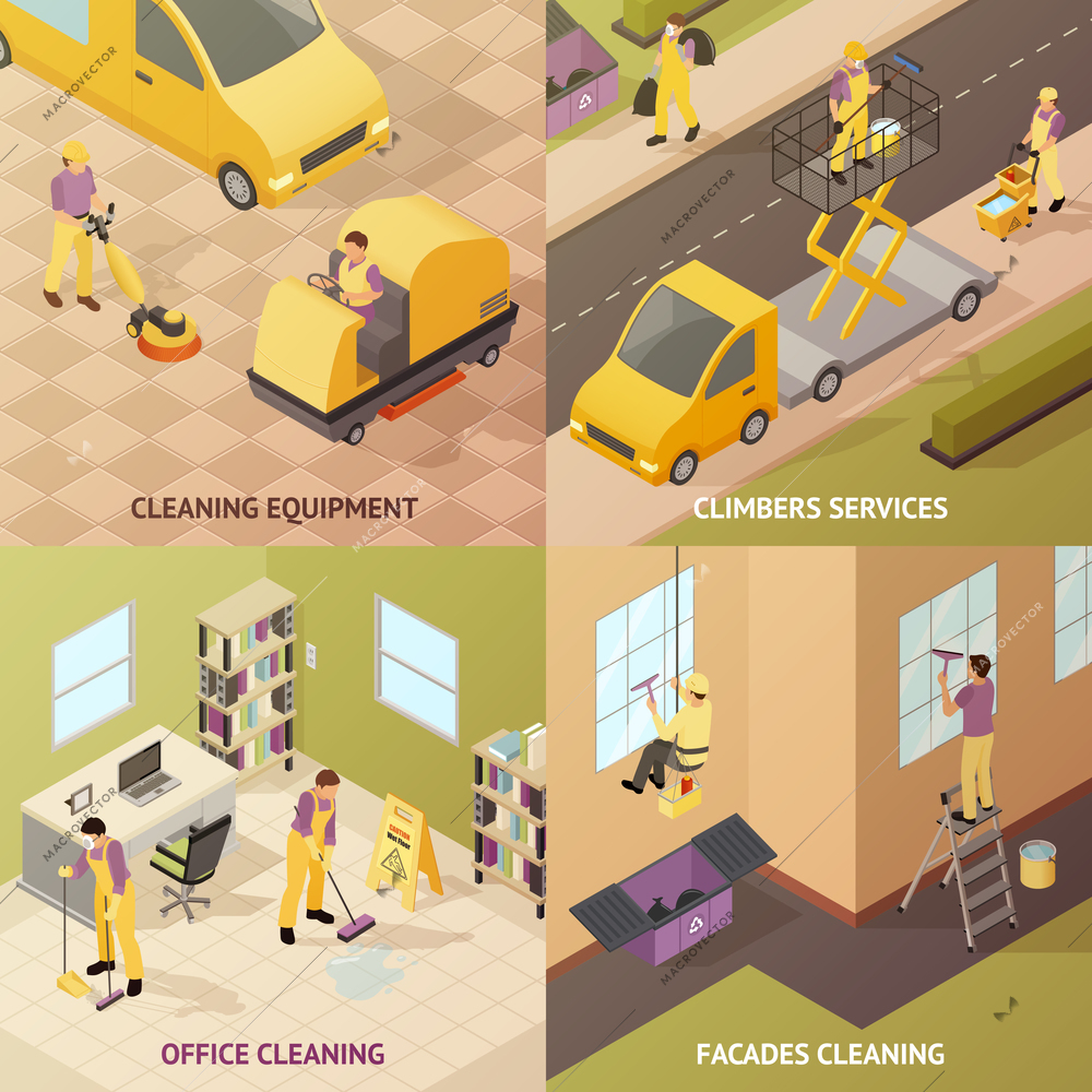 Four square isometric industrial cleaning concept with cleaning equipment climbers services office cleaning and facades cleaning descriptions vector illustration