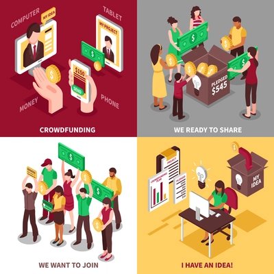 Crowdfunding isometric design concept with people wishing to share money and join to project isolated vector illustration