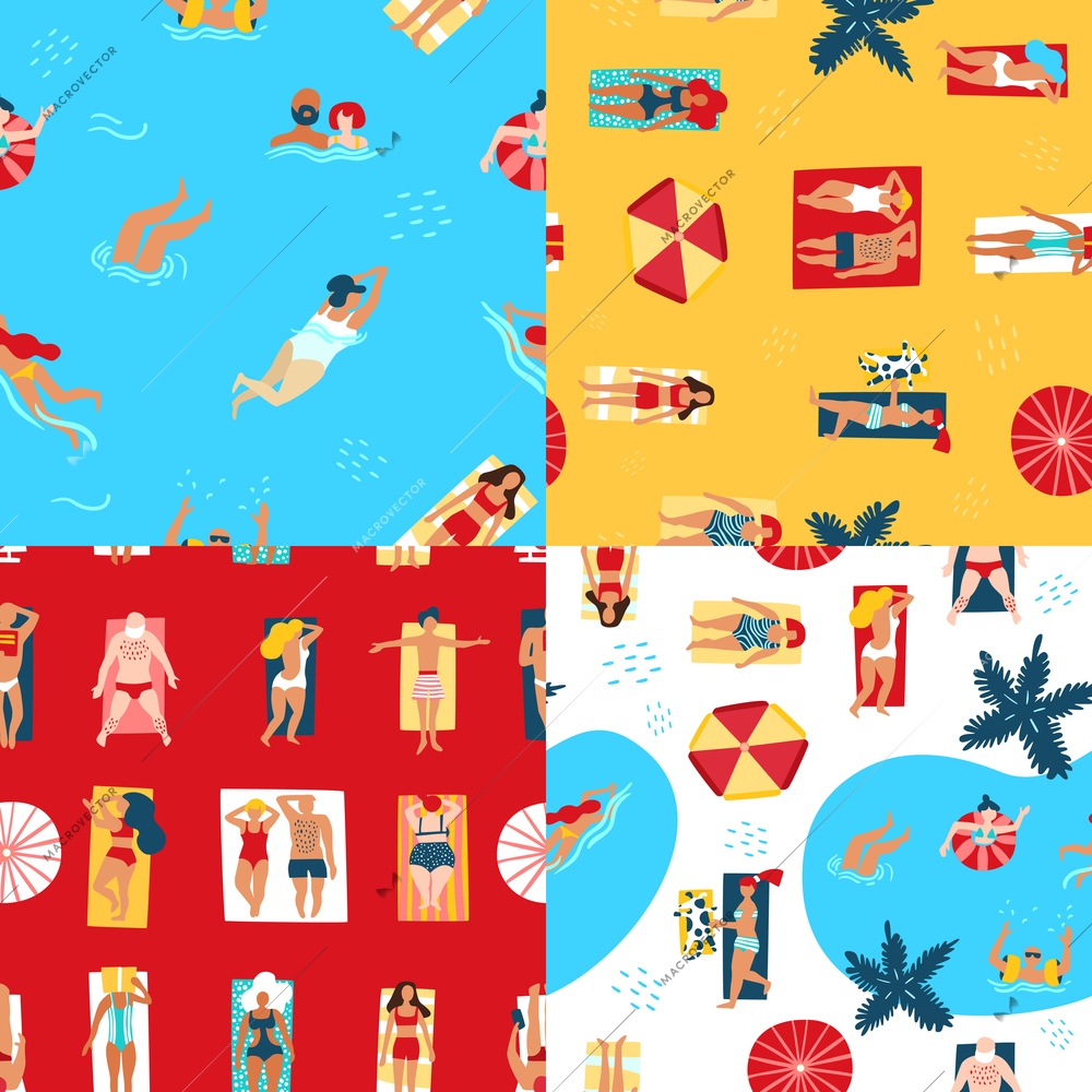 Colorful 2x2 seamless pattern set with people sunbathing on beach and swimming in sea top view flat isolated vector illustration