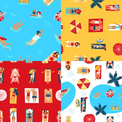 Colorful 2x2 seamless pattern set with people sunbathing on beach and swimming in sea top view flat isolated vector illustration