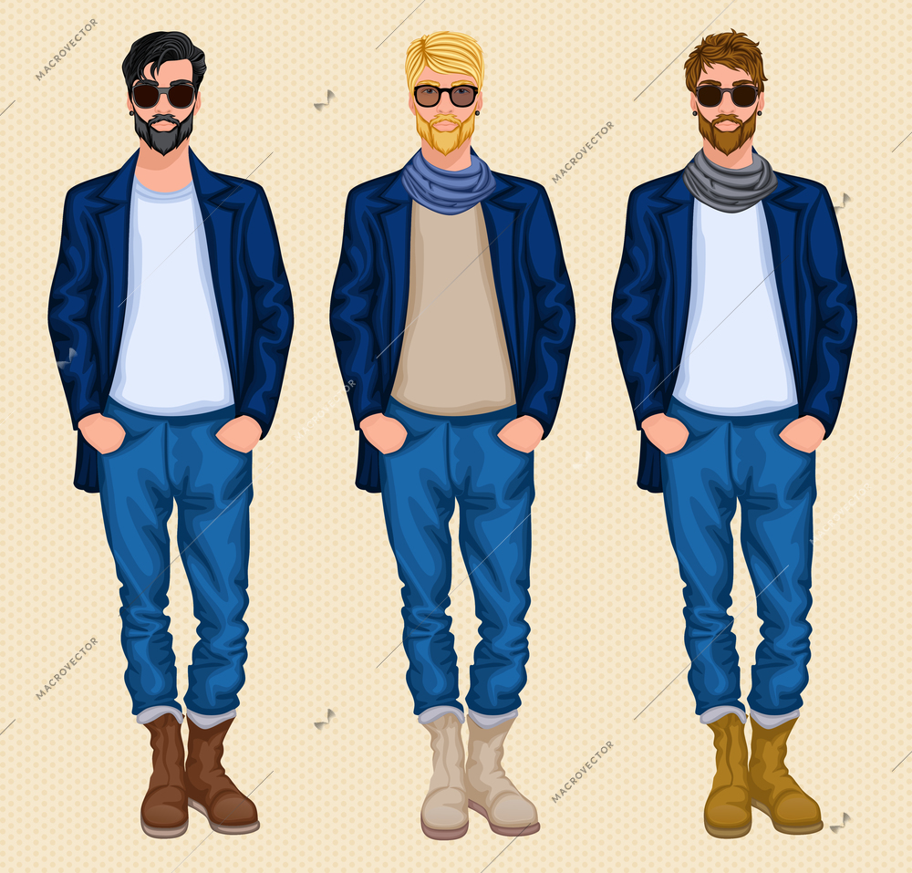 Hipster character male avatar persons set of blond dark brown hair men isolated vector illustration