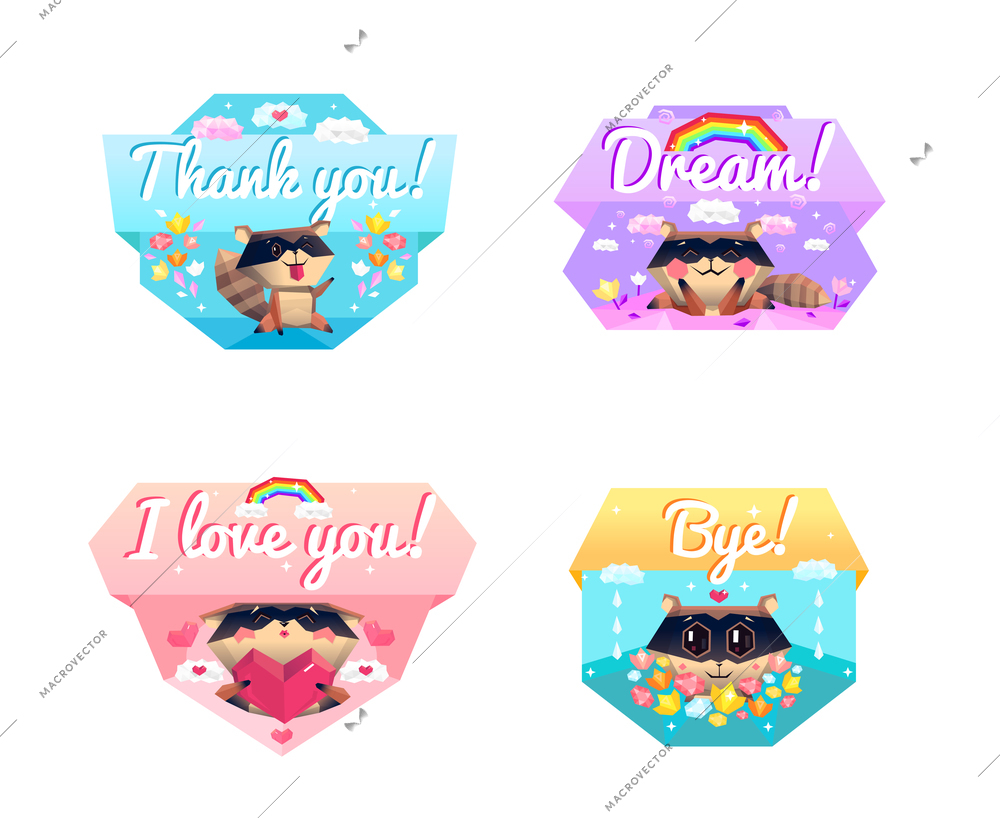 Funny raccoon cartoon character 4 icons composition with love and thank you message colorful background isolated vector illustration