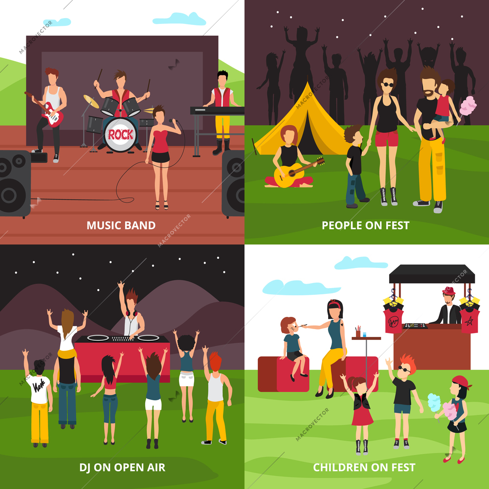 Open air festival design concept with flat people characters dancing playing music relaxing in camping park vector illustration