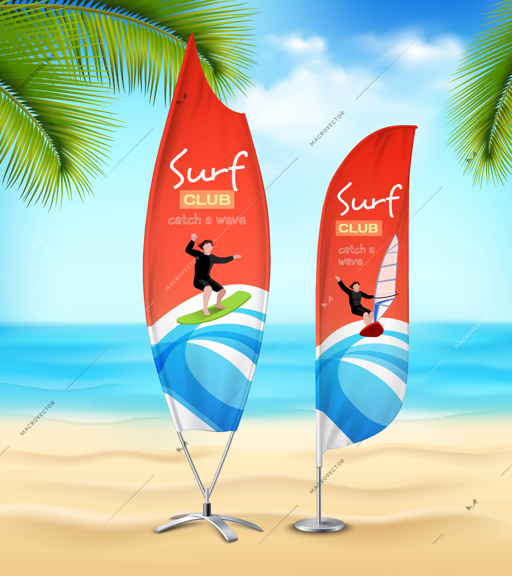 Tropical island beach sport club resort 2 advertisement surf flag banners with ocean on background  vector illustration