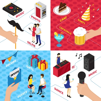 Party isometric design concept with decorations gift boxes character clothes alcohol drinks audio gear and people vector illustration