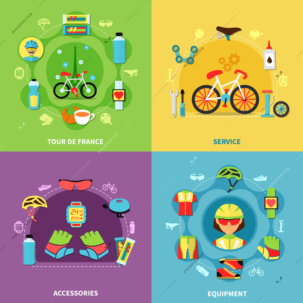 Bike concept icons set with service and equipment symbols flat isolated vector illustration