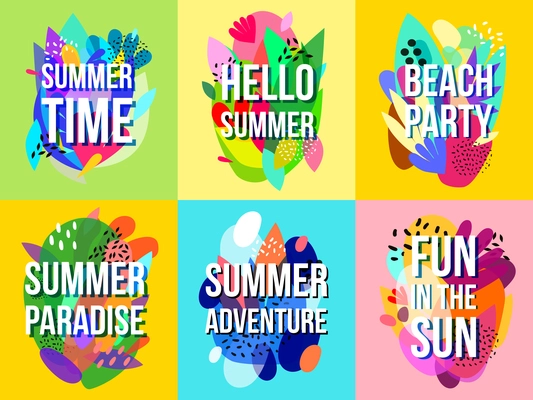 Summer time sales advertisement 6 bright abstract banners collection with beach party announcement isolated vector illustration